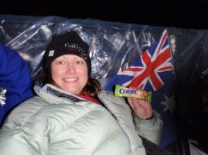 Me all rugged up with my Bulgarian muesli bars for dinner - thanks Jane